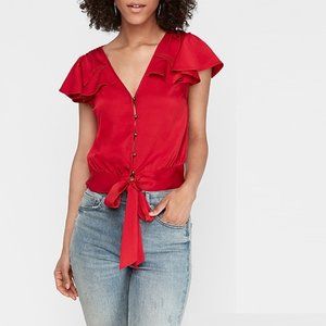 Express Short Flutter Sleeve Red Tie Front Top